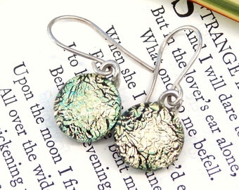 Golden Vanilla Dichroic Glass Drop Earrings on 925 Sterling Silver Earwires, Soft Gold Art Glass Dangle Earrings, Fused Glass Jewellery