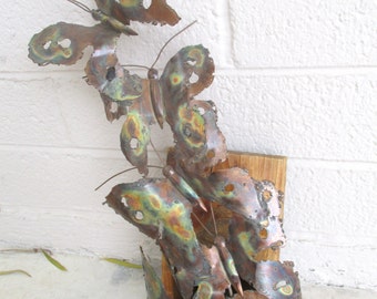 Vintage Metal Butterflies Sculpture Mid Century Modern Jere Era Torch Cut Brass Butterfly Art Wall Hanging