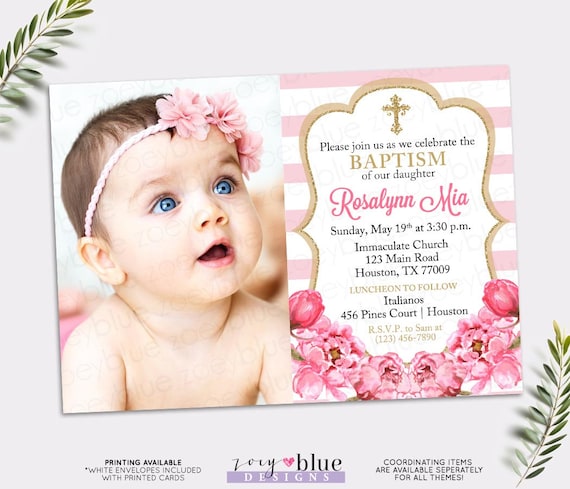 Pink and Gold Baptism Invitation Peony Christening Invite