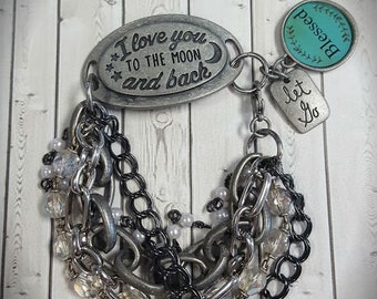I Love You To The Moon and Back Assemblage Bracelet, Vintage Rosary Beads, Repurposed and Upcycled Jewelry by Simply the Glitter