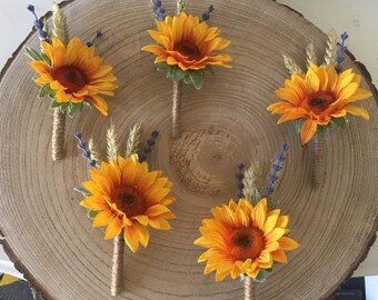Artificial Sunflower, Lavender and Corn Buttonhole - Finished with Twine