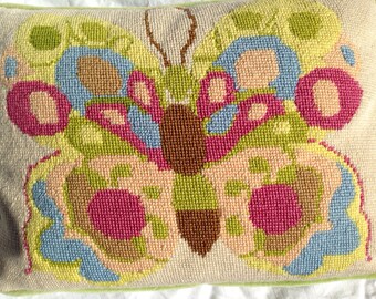 Shabby Chic 70s Butterfly Needlepoint Pillow