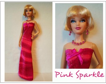 Model Muse Barbie Doll Clothes PINK SPARKLE Dress and Jewelry Set - Custom Fashion - by dolls4emma