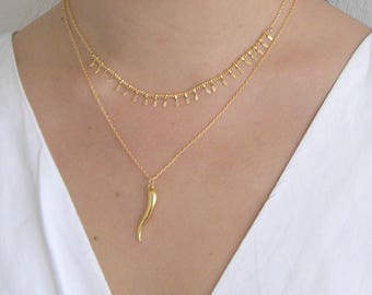 Italian Horn Necklace, Gold Italian Horn Necklace, Corno Necklace, Gold Cornicello Necklace, Evil Eye Amulet Necklace in Gold