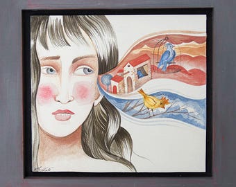 Dreaming the future - Original Watercolor Painting Artwork with wooden frame