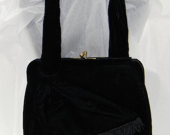 Black Velvet Evening Bag Signed BOBBIE JEROME FRINGE Rhinestone Closure Handbag 50's Purse Mid Century Clutch Handle Vintage