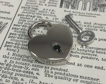 Vintage style silver heart look padlock - small jewelry box lock - luggage lock - small gold skeleton key lock - lock and key Valentine's D