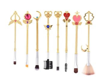 8Pc SAILOR MOON Makeup Brushes ANIME Cosplay Sakura Art Brush Set Jewelry Charm Crystal Star Venus Cresent Moon Wand Accessories Decor Party