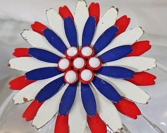 BIG SALE Vintage Red White Blue Flower Brooch. Mod Flower Power Pin.