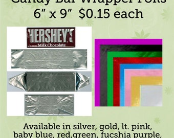 Candy Wrapper Foils, 6"x 9", Minimum order 10 pieces, white backing, wraps a 1.55 oz chocolate bar personalized candy wrapper