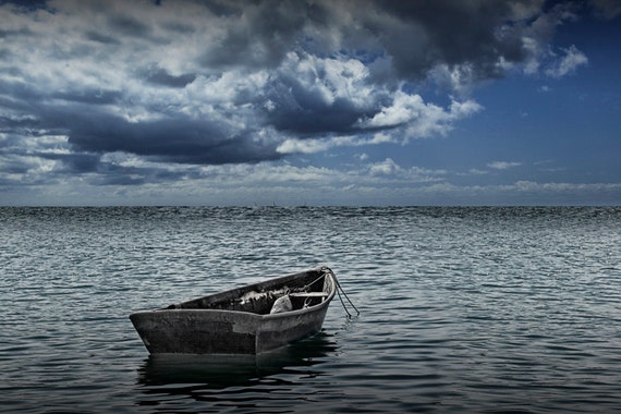 Anchored Wooden Maine Row Boat looking out to the Atlantic