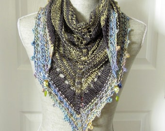 SALE - Handknit Women Triangle Scarf Shawl Style Neckwrap with Bead Dangles - Sage and Sky Blue