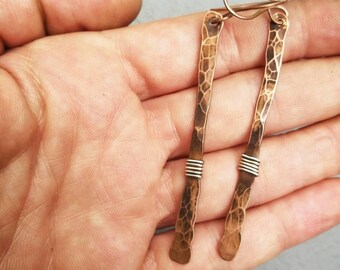 Copper earrings, boho earrings, long dangle earrings, rustic earrings, statement earrings, hammered copper earrings, mixed metal earrings