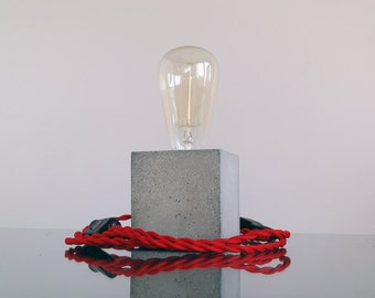 Concrete table lamp with red twisted textile cable, Concrete Lamp, Table lamp, Concrete desk lamp, Edison lamp, Modern Lamp, Desk lamp