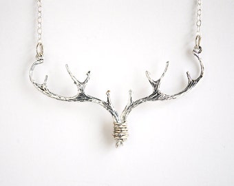 Silver Antler Necklace Elk Deer Necklace