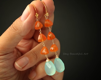Carnelian Earrings Chalcedony Earrings Gemstone Earrings Cluster Earrings Blue Earrings Orange Earrings Drop Earrings Long Earrings