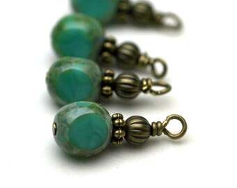 Vintage Style Czech 3 Sided Turquoise Picasso Bead Dangle Charm Drop Set - 4 Piece