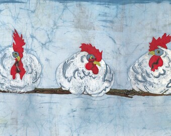 Roosting Chickens Batik Print Notecard with Envelope (single) / Hens / Perching Hens / White Chickens / Birds / Original Artwork