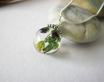 Necklace 925 Silver 14mm resin and dried flowers bubble