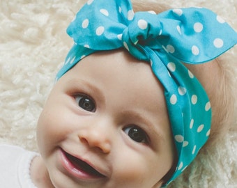 Baby Bow Headband, Baby Girl Headband, Blue Polka-Dot, Baby Knot Headband, "Anniston"