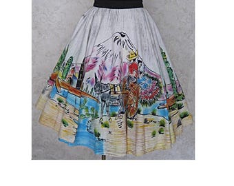 Vintage Mexican Circle Skirt / 1950s Hand Painted Novelty Print Souvenir Skirt