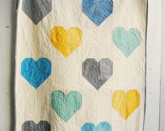Organic Quilt LOVE WINS, Organic Quilt, Organic Heart Quilt, Aqua Cloud Doodle Backing, Hand-Dyed Organic Throw Quilt
