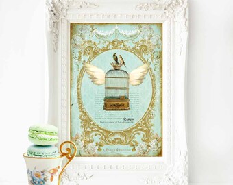 Flying bird cage French art print, vintage decor in green and gold, A4 giclee