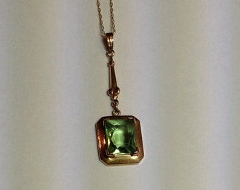 Vintage 10k Yellow Gold Lavalier Pendant with Light Green Synthetic Stone 1940's