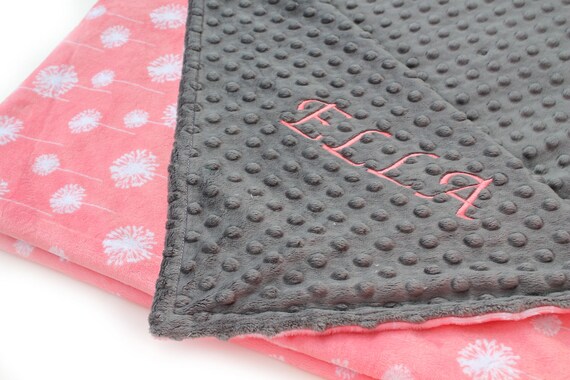 Coral Minky Baby Blanket, Floral Personalized Baby Blanket Girl Gray Coral Flower, Baby Shower Gift, Dandelion kids Minky Blanket