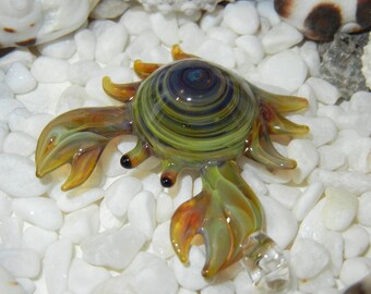 Lampwork Boro Glass Pendant - Focal Bead - CRAB green