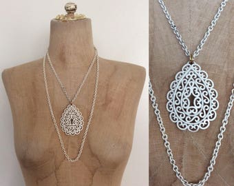 1970's White Metal Double Strand Pendant Necklace by Maeberry Vintage