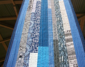 BLUE BRUSHSTROKE Handmade quilted table runner 14” x 58” Modern improv strip layout. Solids & prints in shades of blue, gray + black, white