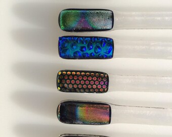 Set of six dichroic fused glass swizzle sticks