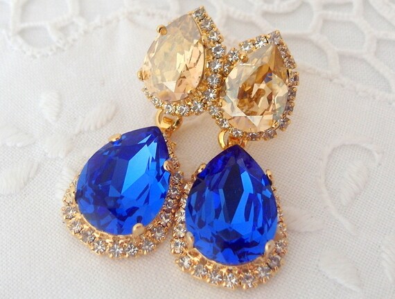 Blue Sapphire And Champagne Chandelier Earrings Bridal