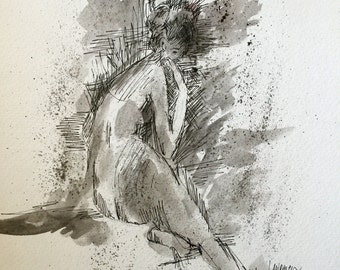 Original Pen and Ink drawing with watercolor wash "Smoke"