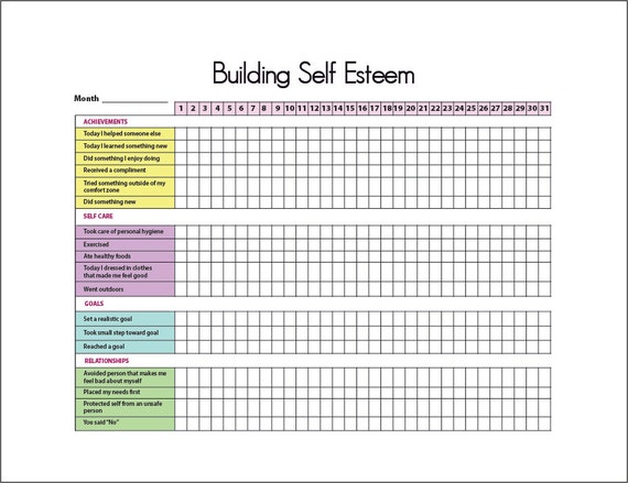 Self-Esteem Building Printable Tracker Journal Chart Mental