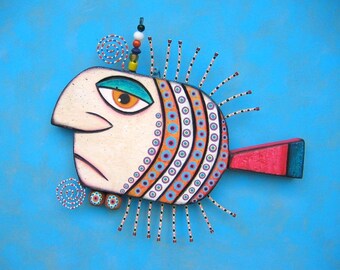Gangster Fish III, Original Found Object Wall Sculpture, Wood Carving, Wall Decor, Animal Sculpture, by Fig Jam Studio