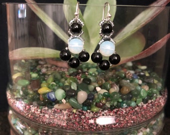 Sterling Silver Opalite and Onyx Tuxedo Earrings