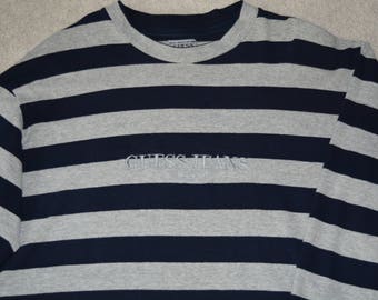Vintage 90s 80s Navy Blue and Silver GUESS Jeans USA Striped t shirt long sleeve