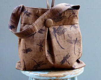 Dragonfly Brown Bag Large - Grey Hobo Bag - - 3 Pockets Key Fob - Hand printed linen