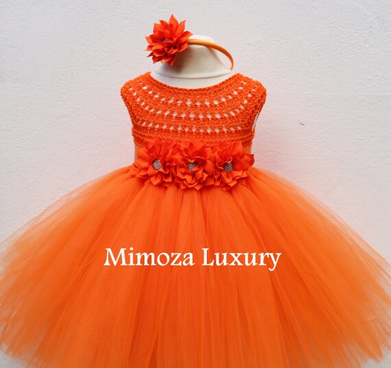 Orange Flower girl dress, orange tutu dress, bridesmaid dress, princess dress, orange crochet top tulle dress, hand knit tutu dress orange
