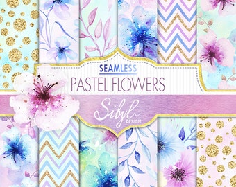 60% OFF SALE, Digital Watercolor Floral Paper, Pastel Flowers Digital Paper, Watercolor Floral Seamless Pattern, Flowers Hand Painted Paper
