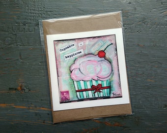SALE! Cupcake card, Cake Art, Whimsical Cupcake, Sale Card, Clearance Card, greeting card note card, Mixed Media Art, Cupcakes = Happiness