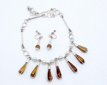 Vintage Taxco Mexican Sterling Silver Tiger Eye Drop Necklace Earrings 23321