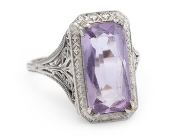 Antique Deco Amethyst Filigree Ring Vintage 14k White Gold Estate Fine Jewelry