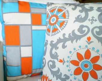 Orange Aqua Pillow Covers, Decorative Throw Pillows, Cushions, Gray Orange Aqua Cream Grey Rosa and Hopscotch, Set of Two Various Sizes