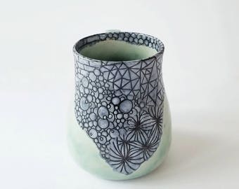 15 oz Zentangle Sgraffito on Stoneware Mug in Aqua and Grey - Handmade Functional Art