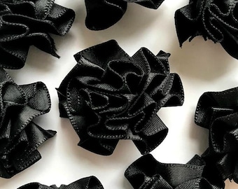 4 Large Black Ribbon Ruffle Roses Rosettes Flowers 3.5cm - Card Making Embellishments Craft Sewing