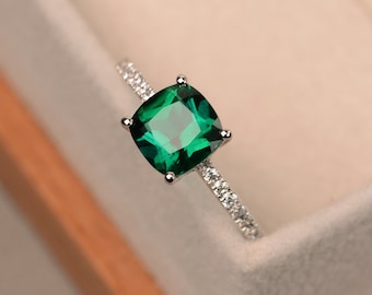 Emerald ring, engagement ring, green gemstone ring, cushion cut emerald, sterling silver