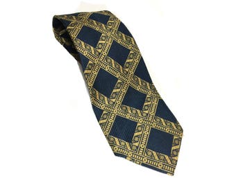 Wide Polyester Tie, Vintage Wide Necktie, Navy Blue & Gold, 1960s, Burkhardt's Men's Shops, 4.25" x 56" Extra-Wide Tie, X-Wide, Cinncinatti